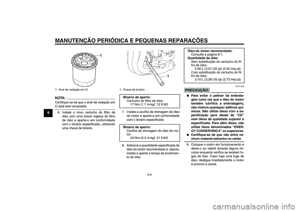 YAMAHA FZ1-N 2007  Manual de utilização (in Portuguese) MANUTENÇÃO PERIÓDICA E PEQUENAS REPARAÇÕES
6-9
6
NOTA :
Certifique-se de que o anel de vedação emO está bem encaixado.
6. Instale o novo cartucho do filtro de
óleo com uma chave inglesa do fi