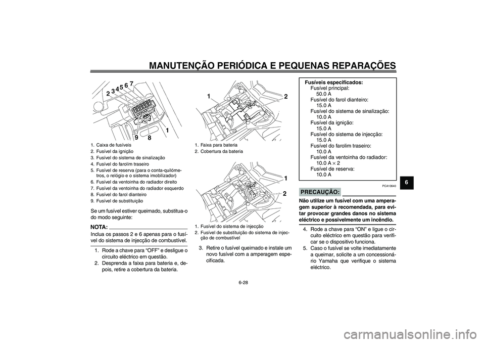 YAMAHA FZ1-N 2007  Manual de utilização (in Portuguese) MANUTENÇÃO PERIÓDICA E PEQUENAS REPARAÇÕES
6-28
6
Se um fusível estiver queimado, substitua-o
do modo seguinte:NOTA:Inclua os passos 2 e 6 apenas para o fusí-vel do sistema de injecção de com