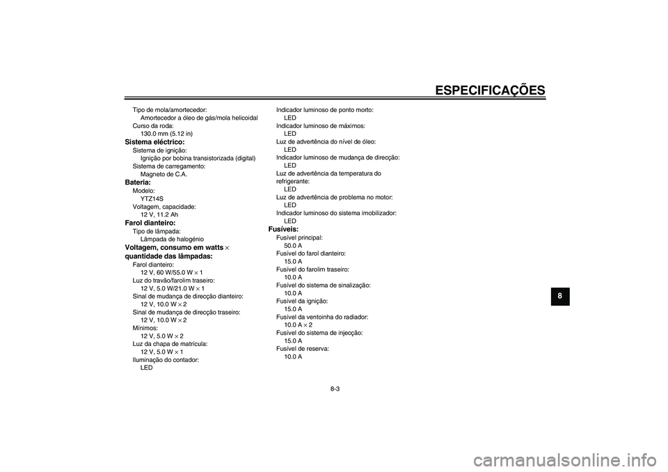 YAMAHA FZ1-N 2007  Manual de utilização (in Portuguese) ESPECIFICAÇÕES
8-3
8
Tipo de mola/amortecedor:
Amortecedor a óleo de gás/mola helicoidal
Curso da roda:
130.0 mm (5.12 in)Sistema eléctrico:Sistema de ignição:
Ignição por bobina transistoriz