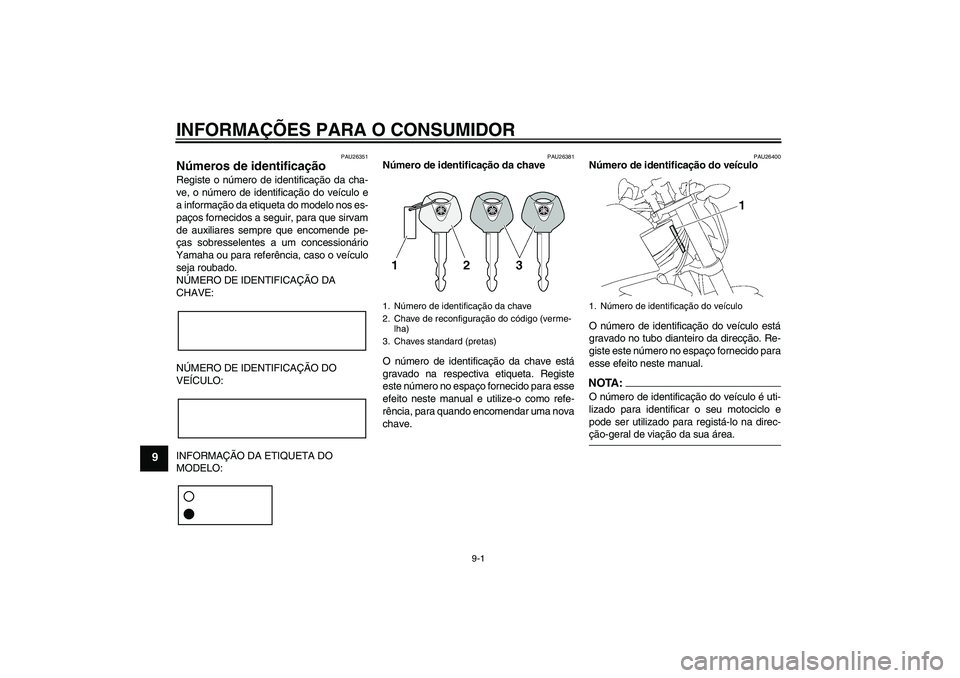 YAMAHA FZ1-N 2007  Manual de utilização (in Portuguese) INFORMAÇÕES PARA O CONSUMIDOR
9-1
9
PAU26351
Números de identificação Registe o número de identificação da cha-
ve, o número de identificação do veículo e
a informação da etiqueta do mod