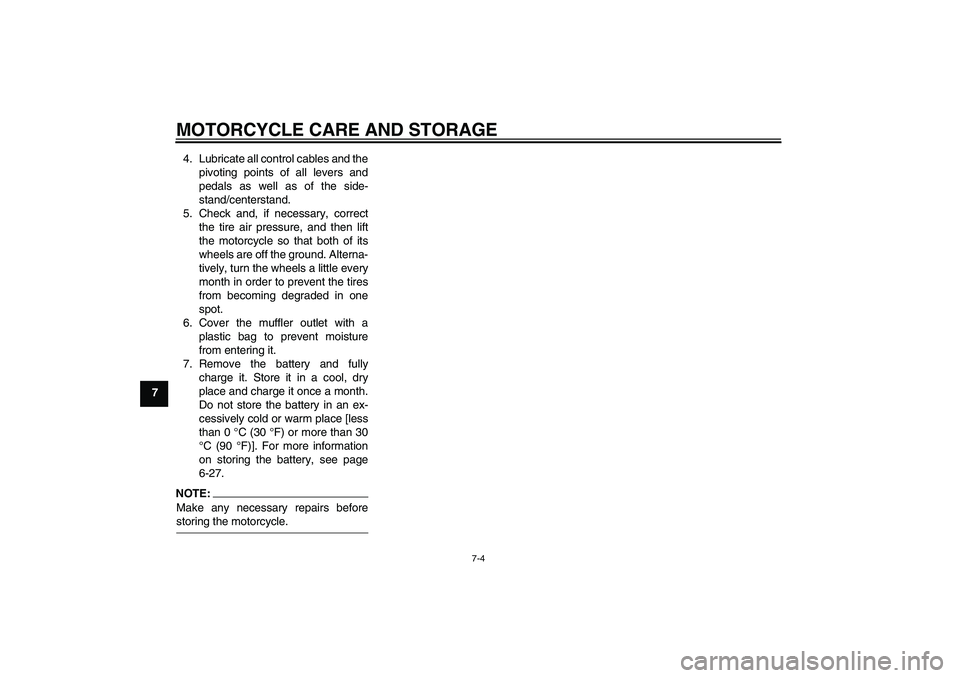 YAMAHA FZ1-N 2006  Owners Manual MOTORCYCLE CARE AND STORAGE
7-4
74. Lubricate all control cables and the
pivoting points of all levers and
pedals as well as of the side-
stand/centerstand.
5. Check and, if necessary, correct
the tir