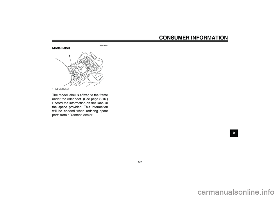 YAMAHA FZ1-N 2006  Owners Manual CONSUMER INFORMATION
9-2
9
EAU26470
Model label 
The model label is affixed to the frame
under the rider seat. (See page 3-16.)
Record the information on this label in
the space provided. This informa