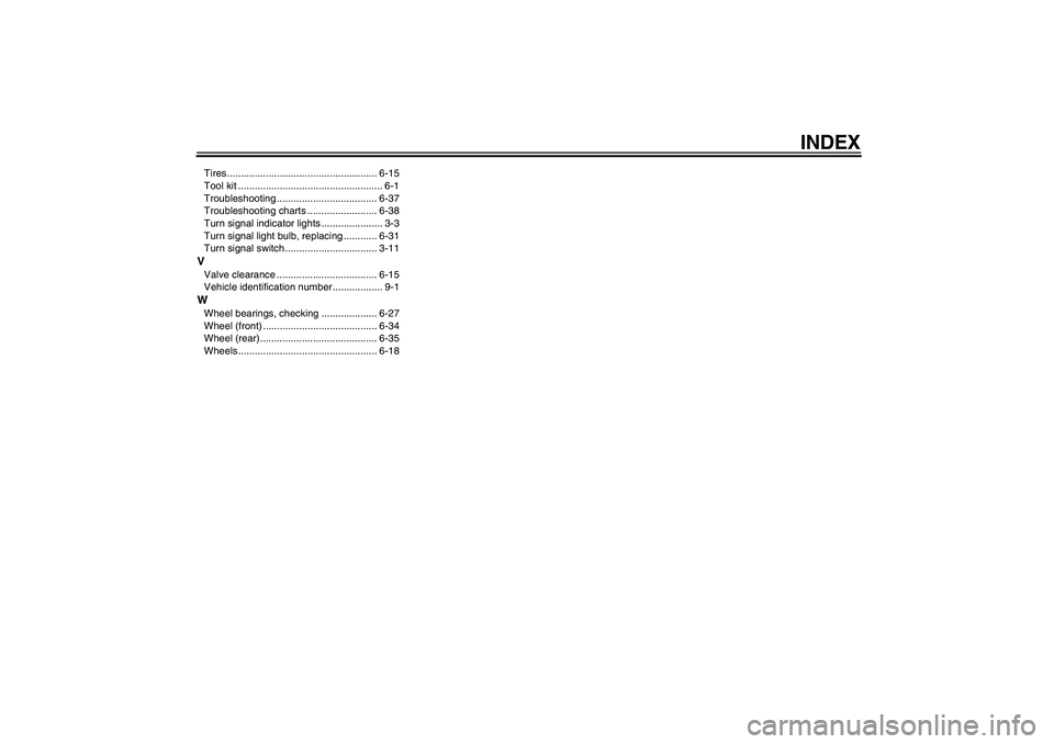 YAMAHA FZ1-N 2006  Owners Manual INDEX
Tires...................................................... 6-15
Tool kit .................................................... 6-1
Troubleshooting .................................... 6-37
Troub