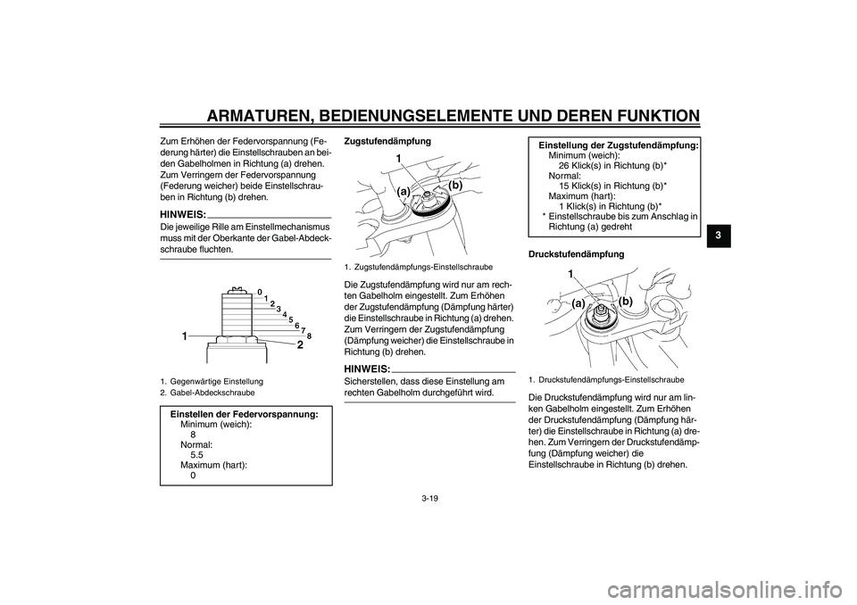 YAMAHA FZ1-N 2006 Betriebsanleitungen (in German) ARMATUREN, BEDIENUNGSELEMENTE UND DEREN FUNKTION
3-19
3
Zum Erhöhen der Federvorspannung (Fe-
derung härter) die Einstellschrauben an bei-
den Gabelholmen in Richtung (a) drehen.
Zum Verringern der YAMAHA FZ1-N 2006 Betriebsanleitungen (in German) ARMATUREN, BEDIENUNGSELEMENTE UND DEREN FUNKTION
3-19
3
Zum Erhöhen der Federvorspannung (Fe-
derung härter) die Einstellschrauben an bei-
den Gabelholmen in Richtung (a) drehen.
Zum Verringern der
