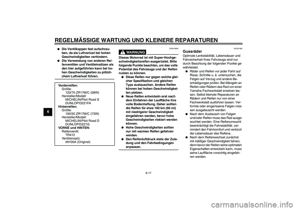 YAMAHA FZ1-N 2006 Betriebsanleitungen (in German) REGELMÄSSIGE WARTUNG UND KLEINERE REPARATUREN
6-17
6
Die Ventilkappen fest aufschrau-
ben, da sie Luftverlust bei hohen
Geschwindigkeiten verhindern.
Die Verwendung von anderen Rei-
fenventilen YAMAHA FZ1-N 2006 Betriebsanleitungen (in German) REGELMÄSSIGE WARTUNG UND KLEINERE REPARATUREN
6-17
6
Die Ventilkappen fest aufschrau-
ben, da sie Luftverlust bei hohen
Geschwindigkeiten verhindern.
Die Verwendung von anderen Rei-
fenventilen
