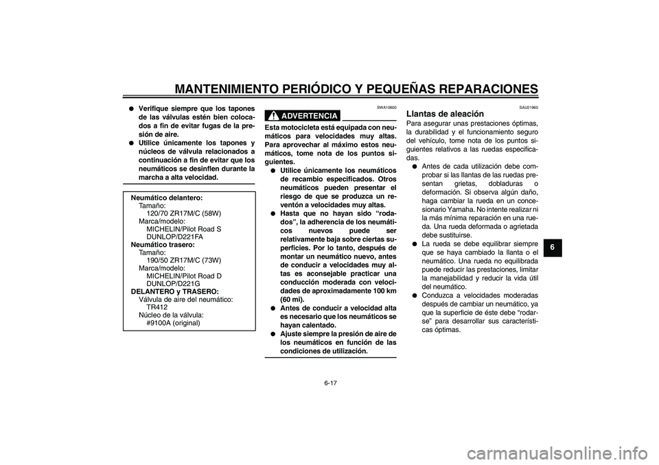 YAMAHA FZ1-N 2006 Manuale de Empleo (in Spanish) MANTENIMIENTO PERIÓDICO Y PEQUEÑAS REPARACIONES
6-17
6
Verifique siempre que los tapones
de las válvulas estén bien coloca-
dos a fin de evitar fugas de la pre-
sión de aire.
Utilice únicame YAMAHA FZ1-N 2006 Manuale de Empleo (in Spanish) MANTENIMIENTO PERIÓDICO Y PEQUEÑAS REPARACIONES
6-17
6
Verifique siempre que los tapones
de las válvulas estén bien coloca-
dos a fin de evitar fugas de la pre-
sión de aire.
Utilice únicame