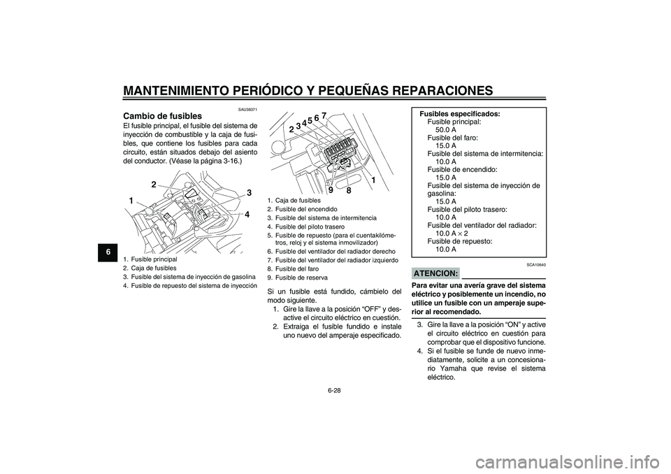 YAMAHA FZ1-N 2006 Manuale de Empleo (in Spanish) MANTENIMIENTO PERIÓDICO Y PEQUEÑAS REPARACIONES
6-28
6
SAU38371
Cambio de fusibles El fusible principal, el fusible del sistema de
inyección de combustible y la caja de fusi-
bles, que contiene los YAMAHA FZ1-N 2006 Manuale de Empleo (in Spanish) MANTENIMIENTO PERIÓDICO Y PEQUEÑAS REPARACIONES
6-28
6
SAU38371
Cambio de fusibles El fusible principal, el fusible del sistema de
inyección de combustible y la caja de fusi-
bles, que contiene los