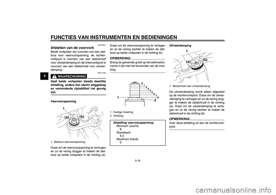 YAMAHA FZ1-N 2006  Instructieboekje (in Dutch) FUNCTIES VAN INSTRUMENTEN EN BEDIENINGEN
3-18
3
DAU39331
Afstellen van de voorvork Beide vorkpoten zijn voorzien van een stel-
bout voor veervoorspanning, de rechter-
vorkpoot is voorzien van een stel