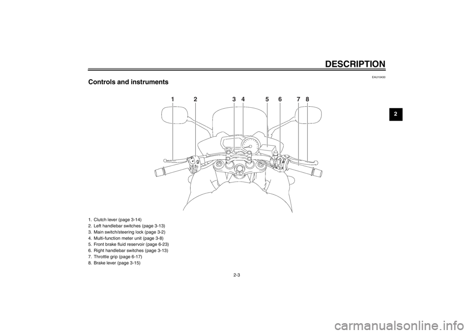 YAMAHA FZ1 S 2012  Owners Manual DESCRIPTION
2-3
2
EAU10430
Controls and instruments
1
2
3
4
6
7
8
5
1. Clutch lever (page 3-14)
2. Left handlebar switches (page 3-13)
3. Main switch/steering lock (page 3-2)
4. Multi-function meter u