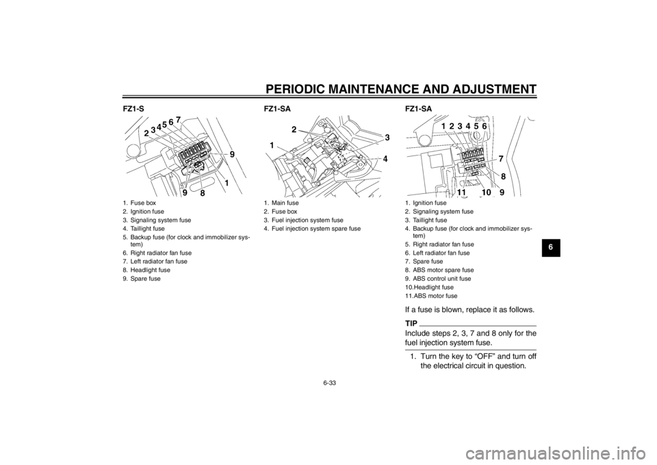 YAMAHA FZ1 S 2012  Owners Manual PERIODIC MAINTENANCE AND ADJUSTMENT
6-33
6
FZ1-S FZ1-SA FZ1-SA
If a fuse is blown, replace it as follows.
TIPInclude steps 2, 3, 7 and 8 only for the
fuel injection system fuse.1. Turn the key to “O