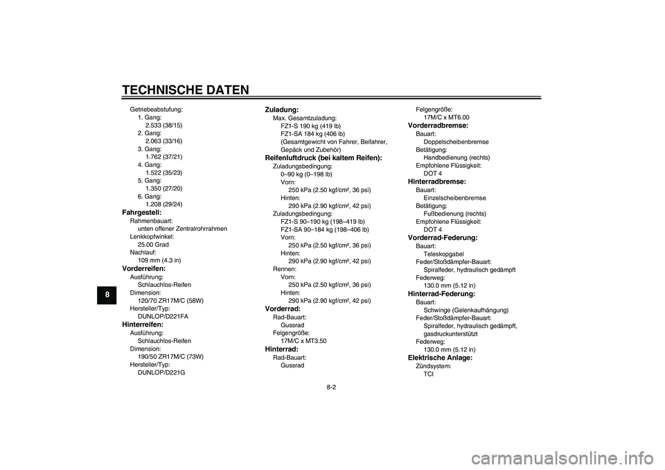 YAMAHA FZ1 S 2011 Betriebsanleitungen (in German) TECHNISCHE DATEN
8-2
8
Getriebeabstufung:
1. Gang:
2.533 (38/15)
2. Gang:
2.063 (33/16)
3. Gang:
1.762 (37/21)
4. Gang:
1.522 (35/23)
5. Gang:
1.350 (27/20)
6. Gang:
1.208 (29/24)Fahrgestell:Rahmenbau YAMAHA FZ1 S 2011 Betriebsanleitungen (in German) TECHNISCHE DATEN
8-2
8
Getriebeabstufung:
1. Gang:
2.533 (38/15)
2. Gang:
2.063 (33/16)
3. Gang:
1.762 (37/21)
4. Gang:
1.522 (35/23)
5. Gang:
1.350 (27/20)
6. Gang:
1.208 (29/24)Fahrgestell:Rahmenbau