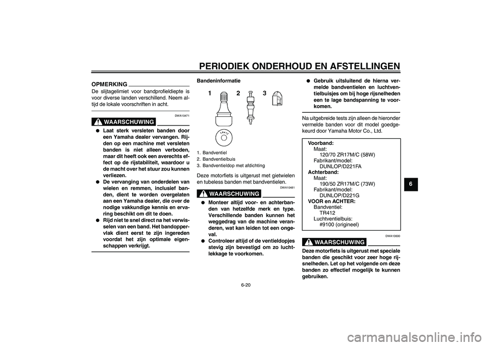 YAMAHA FZ1 S 2011 Instructieboekje (in Dutch) PERIODIEK ONDERHOUD EN AFSTELLINGEN
6-20
6
OPMERKINGDe slijtagelimiet voor bandprofieldiepte is
voor diverse landen verschillend. Neem al-
tijd de lokale voorschriften in acht.
WAARSCHUWING
DWA10471
YAMAHA FZ1 S 2011 Instructieboekje (in Dutch) PERIODIEK ONDERHOUD EN AFSTELLINGEN
6-20
6
OPMERKINGDe slijtagelimiet voor bandprofieldiepte is
voor diverse landen verschillend. Neem al-
tijd de lokale voorschriften in acht.
WAARSCHUWING
DWA10471
