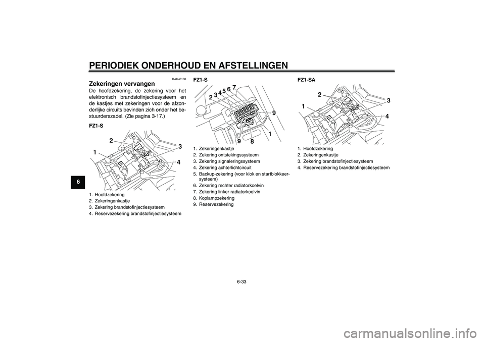 YAMAHA FZ1 S 2011  Instructieboekje (in Dutch) PERIODIEK ONDERHOUD EN AFSTELLINGEN
6-33
6
DAU43133
Zekeringen vervangen De hoofdzekering, de zekering voor het
elektronisch brandstofinjectiesysteem en
de kastjes met zekeringen voor de afzon-
derlij