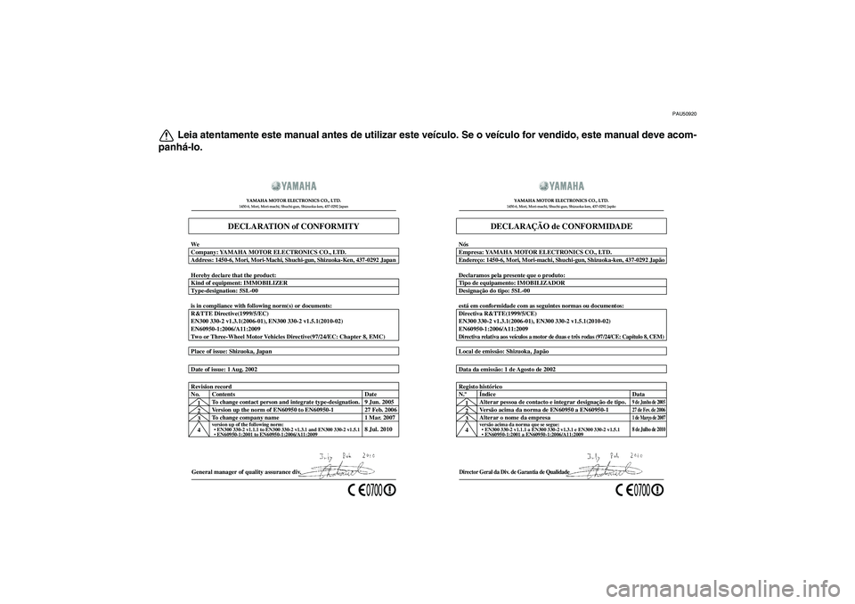 YAMAHA FZ1 S 2011 Manual de utilização (in Portuguese) PAU50920
Leia atentamente este manual antes de utilizar este veículo. Se o veículo for vendido, este manual deve acom-
panhá-lo.
General manager of quality assurance div. Date of issue: 1 Aug. 2002 YAMAHA FZ1 S 2011 Manual de utilização (in Portuguese) PAU50920
Leia atentamente este manual antes de utilizar este veículo. Se o veículo for vendido, este manual deve acom-
panhá-lo.
General manager of quality assurance div. Date of issue: 1 Aug. 2002