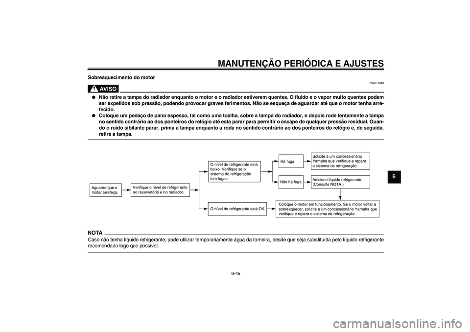 YAMAHA FZ1 S 2011 Manual de utilização (in Portuguese) MANUTENÇÃO PERIÓDICA E AJUSTES
6-45
6
Sobreaquecimento do motor
AV I S O
PWAT1040
Não retire a tampa do radiador enquanto o motor e o radiador estiverem quentes. O fluido e o vapor muito quentes YAMAHA FZ1 S 2011 Manual de utilização (in Portuguese) MANUTENÇÃO PERIÓDICA E AJUSTES
6-45
6
Sobreaquecimento do motor
AV I S O
PWAT1040
Não retire a tampa do radiador enquanto o motor e o radiador estiverem quentes. O fluido e o vapor muito quentes