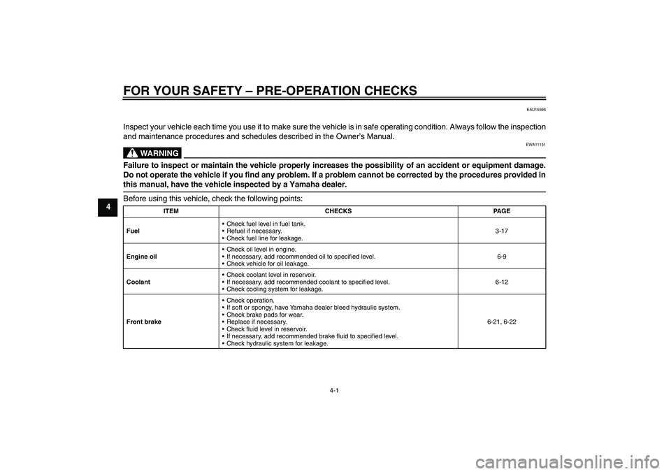 YAMAHA FZ1 S 2010 Owners Manual FOR YOUR SAFETY – PRE-OPERATION CHECKS
4-1
4
EAU15596
Inspect your vehicle each time you use it to make sure the vehicle is in safe operating condition. Always follow the inspection
and maintenance YAMAHA FZ1 S 2010 Owners Manual FOR YOUR SAFETY – PRE-OPERATION CHECKS
4-1
4
EAU15596
Inspect your vehicle each time you use it to make sure the vehicle is in safe operating condition. Always follow the inspection
and maintenance