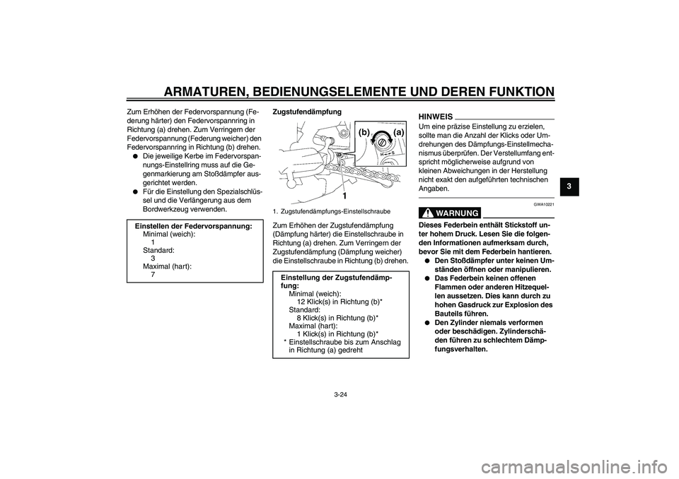 YAMAHA FZ1 S 2010 Betriebsanleitungen (in German) ARMATUREN, BEDIENUNGSELEMENTE UND DEREN FUNKTION
3-24
3
Zum Erhöhen der Federvorspannung (Fe-
derung härter) den Federvorspannring in
Richtung (a) drehen. Zum Verringern der
Federvorspannung (Fede YAMAHA FZ1 S 2010 Betriebsanleitungen (in German) ARMATUREN, BEDIENUNGSELEMENTE UND DEREN FUNKTION
3-24
3
Zum Erhöhen der Federvorspannung (Fe-
derung härter) den Federvorspannring in
Richtung (a) drehen. Zum Verringern der
Federvorspannung (Fede