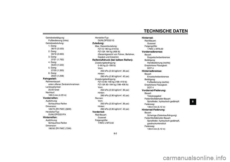YAMAHA FZ1 S 2010 Betriebsanleitungen (in German) TECHNISCHE DATEN
8-2
8
Getriebebetätigung:
Fußbedienung (links)
Getriebeabstufung:
1. Gang:
38/15 (2.533)
2. Gang:
33/16 (2.063)
3. Gang:
37/21 (1.762)
4. Gang:
35/23 (1.522)
5. Gang:
27/20 (1.350)
YAMAHA FZ1 S 2010 Betriebsanleitungen (in German) TECHNISCHE DATEN
8-2
8
Getriebebetätigung:
Fußbedienung (links)
Getriebeabstufung:
1. Gang:
38/15 (2.533)
2. Gang:
33/16 (2.063)
3. Gang:
37/21 (1.762)
4. Gang:
35/23 (1.522)
5. Gang:
27/20 (1.350)