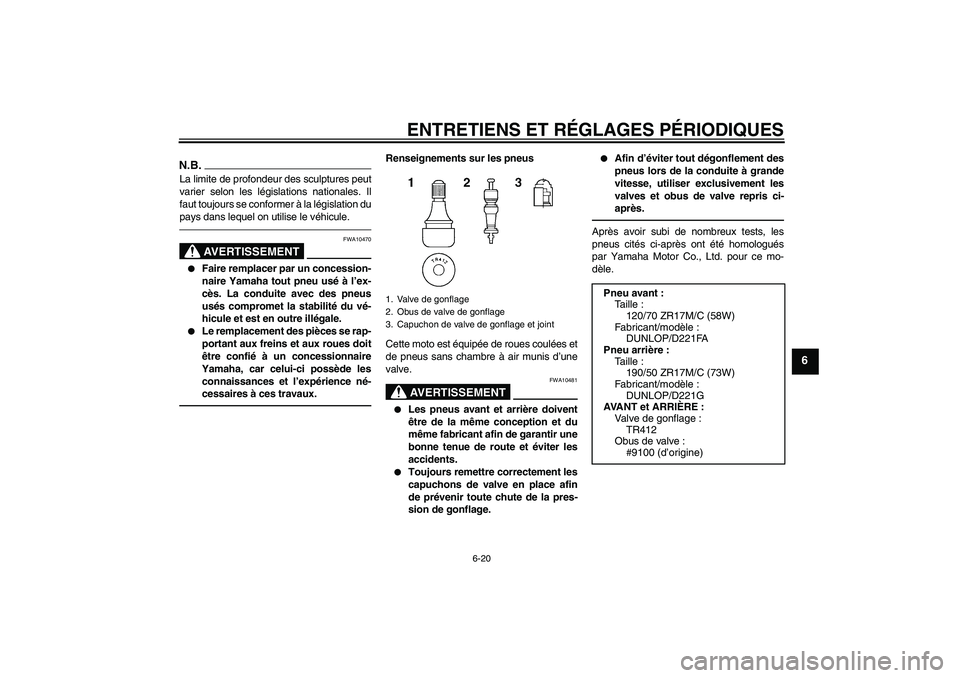 YAMAHA FZ1 S 2010  Notices Demploi (in French) ENTRETIENS ET RÉGLAGES PÉRIODIQUES
6-20
6
N.B.La limite de profondeur des sculptures peut
varier selon les législations nationales. Il
faut toujours se conformer à la législation du
pays dans leq