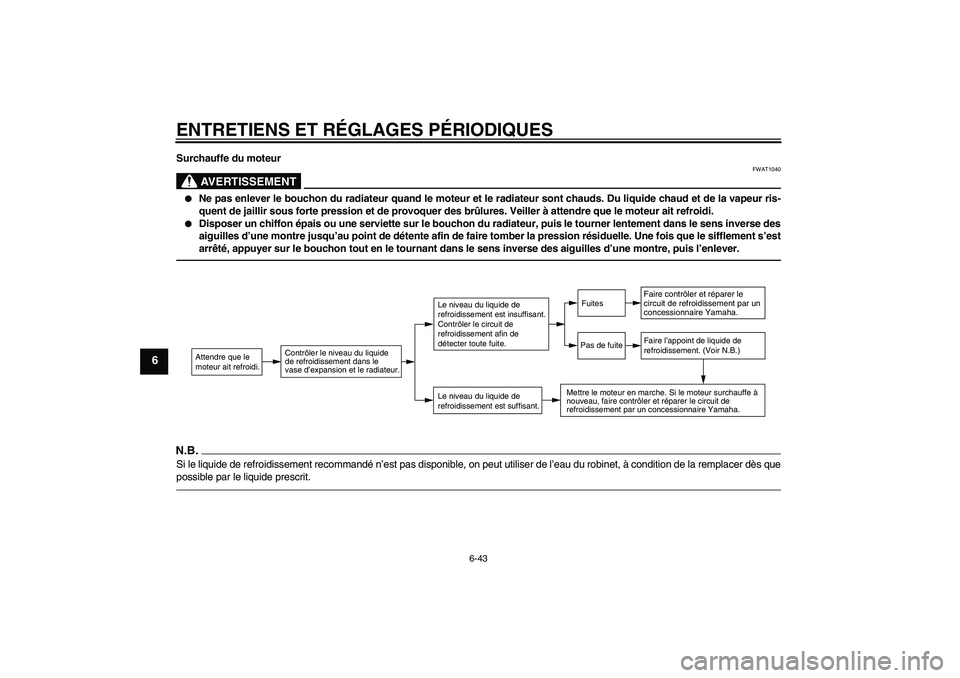 YAMAHA FZ1 S 2010 Notices Demploi (in French) ENTRETIENS ET RÉGLAGES PÉRIODIQUES
6-43
6
Surchauffe du moteur
AVERTISSEMENT
FWAT1040
Ne pas enlever le bouchon du radiateur quand le moteur et le radiateur sont chauds. Du liquide chaud et de la YAMAHA FZ1 S 2010 Notices Demploi (in French) ENTRETIENS ET RÉGLAGES PÉRIODIQUES
6-43
6
Surchauffe du moteur
AVERTISSEMENT
FWAT1040
Ne pas enlever le bouchon du radiateur quand le moteur et le radiateur sont chauds. Du liquide chaud et de la