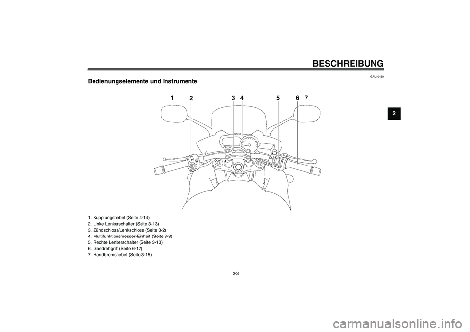 YAMAHA FZ1 S 2009  Betriebsanleitungen (in German) BESCHREIBUNG
2-3
2
GAU10430
Bedienungselemente und Instrumente1. Kupplungshebel (Seite 3-14)
2. Linke Lenkerschalter (Seite 3-13)
3. Zündschloss/Lenkschloss (Seite 3-2)
4. Multifunktionsmesser-Einhei