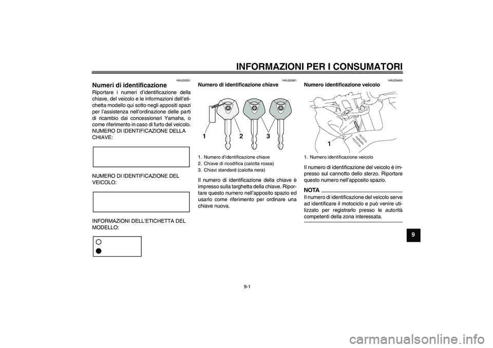 YAMAHA FZ1 S 2009  Manuale duso (in Italian) INFORMAZIONI PER I CONSUMATORI
9-1
9
HAU26351
Numeri di identificazione Riportare i numeri d’identificazione della
chiave, del veicolo e le informazioni dell’eti-
chetta modello qui sotto negli ap