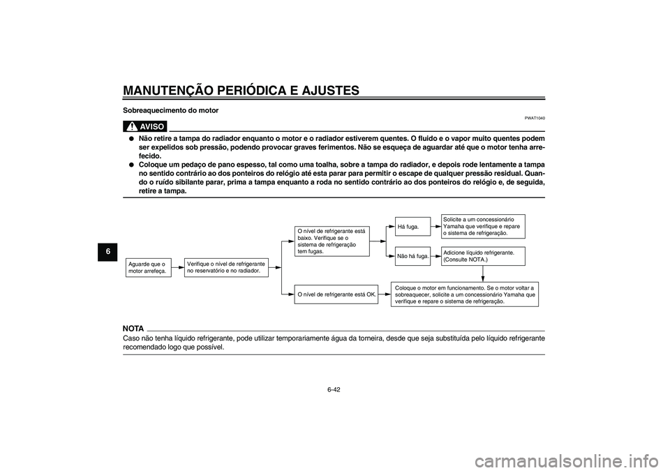 YAMAHA FZ1 S 2009 Manual de utilização (in Portuguese) MANUTENÇÃO PERIÓDICA E AJUSTES
6-42
6
Sobreaquecimento do motor
AV I S O
PWAT1040
Não retire a tampa do radiador enquanto o motor e o radiador estiverem quentes. O fluido e o vapor muito quentes YAMAHA FZ1 S 2009 Manual de utilização (in Portuguese) MANUTENÇÃO PERIÓDICA E AJUSTES
6-42
6
Sobreaquecimento do motor
AV I S O
PWAT1040
Não retire a tampa do radiador enquanto o motor e o radiador estiverem quentes. O fluido e o vapor muito quentes