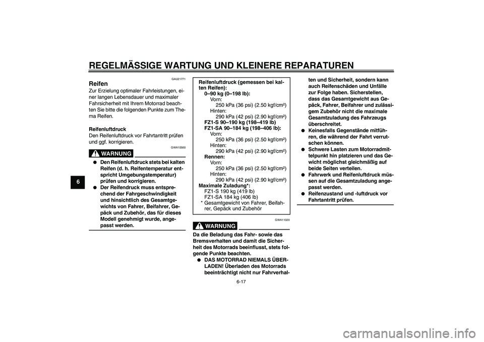 YAMAHA FZ1 S 2008 Betriebsanleitungen (in German) REGELMÄSSIGE WARTUNG UND KLEINERE REPARATUREN
6-17
6
GAU21771
Reifen Zur Erzielung optimaler Fahrleistungen, ei-
ner langen Lebensdauer und maximaler
Fahrsicherheit mit Ihrem Motorrad beach-
ten Sie YAMAHA FZ1 S 2008 Betriebsanleitungen (in German) REGELMÄSSIGE WARTUNG UND KLEINERE REPARATUREN
6-17
6
GAU21771
Reifen Zur Erzielung optimaler Fahrleistungen, ei-
ner langen Lebensdauer und maximaler
Fahrsicherheit mit Ihrem Motorrad beach-
ten Sie