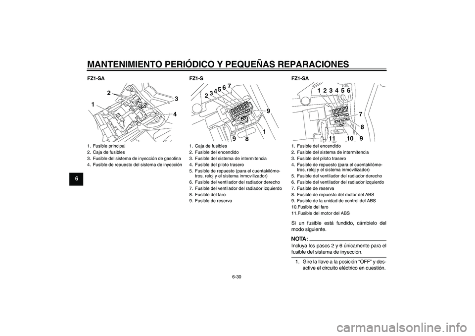 YAMAHA FZ1 S 2008  Manuale de Empleo (in Spanish) MANTENIMIENTO PERIÓDICO Y PEQUEÑAS REPARACIONES
6-30
6
FZ1-SA FZ1-S FZ1-SA
Si un fusible está fundido, cámbielo del
modo siguiente.
NOTA:Incluya los pasos 2 y 6 únicamente para elfusible del sist