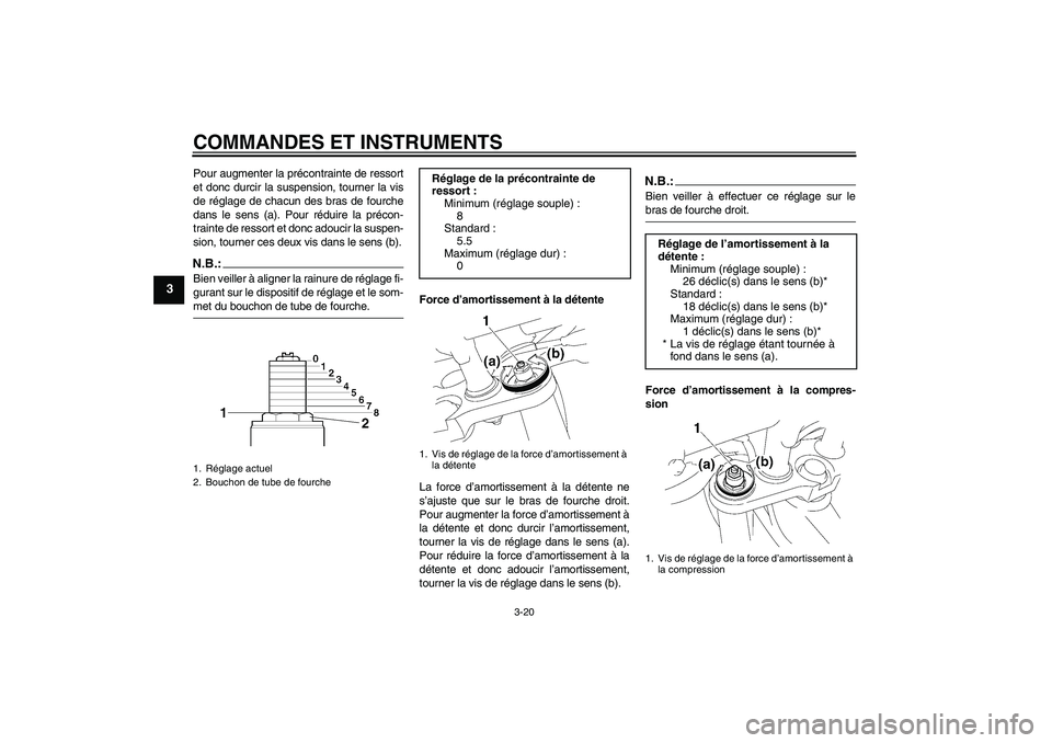 YAMAHA FZ1 S 2008 Notices Demploi (in French) COMMANDES ET INSTRUMENTS
3-20
3
Pour augmenter la précontrainte de ressort
et donc durcir la suspension, tourner la vis
de réglage de chacun des bras de fourche
dans le sens (a). Pour réduire la pr YAMAHA FZ1 S 2008 Notices Demploi (in French) COMMANDES ET INSTRUMENTS
3-20
3
Pour augmenter la précontrainte de ressort
et donc durcir la suspension, tourner la vis
de réglage de chacun des bras de fourche
dans le sens (a). Pour réduire la pr