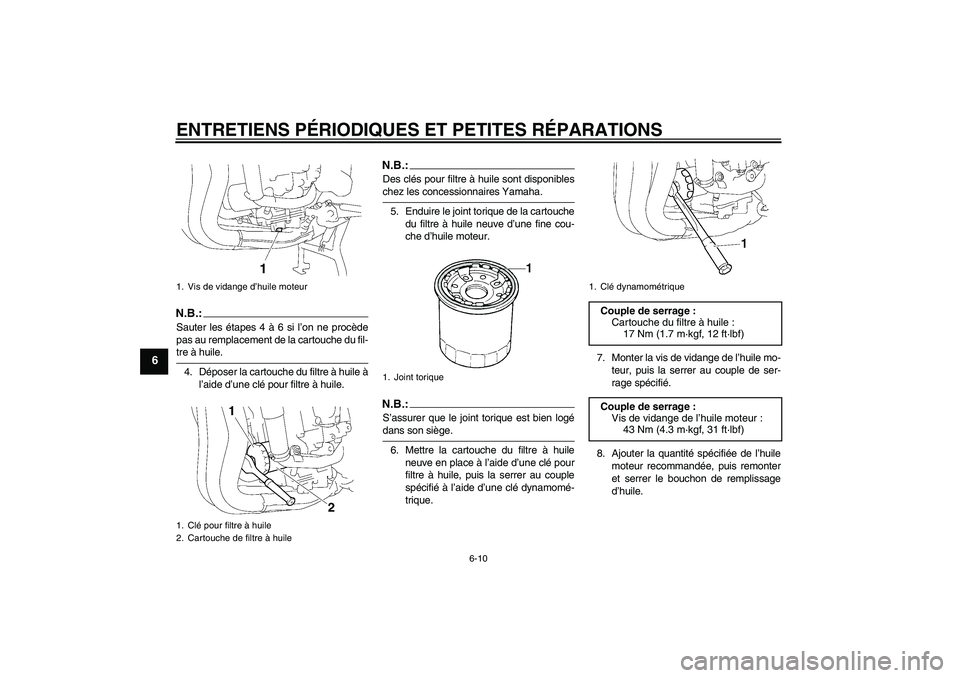 YAMAHA FZ1 S 2008 Notices Demploi (in French) ENTRETIENS PÉRIODIQUES ET PETITES RÉPARATIONS
6-10
6
N.B.:Sauter les étapes 4 à 6 si l’on ne procède
pas au remplacement de la cartouche du fil-tre à huile.
4. Déposer la cartouche du filtre YAMAHA FZ1 S 2008 Notices Demploi (in French) ENTRETIENS PÉRIODIQUES ET PETITES RÉPARATIONS
6-10
6
N.B.:Sauter les étapes 4 à 6 si l’on ne procède
pas au remplacement de la cartouche du fil-tre à huile.
4. Déposer la cartouche du filtre