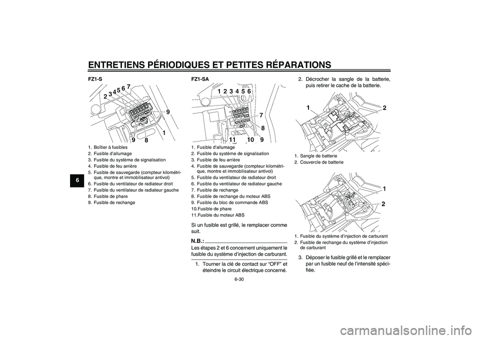 YAMAHA FZ1 S 2008 Notices Demploi (in French) ENTRETIENS PÉRIODIQUES ET PETITES RÉPARATIONS
6-30
6
FZ1-S FZ1-SA
Si un fusible est grillé, le remplacer comme
suit.
N.B.:Les étapes 2 et 6 concernent uniquement lefusible du système d’injectio YAMAHA FZ1 S 2008 Notices Demploi (in French) ENTRETIENS PÉRIODIQUES ET PETITES RÉPARATIONS
6-30
6
FZ1-S FZ1-SA
Si un fusible est grillé, le remplacer comme
suit.
N.B.:Les étapes 2 et 6 concernent uniquement lefusible du système d’injectio