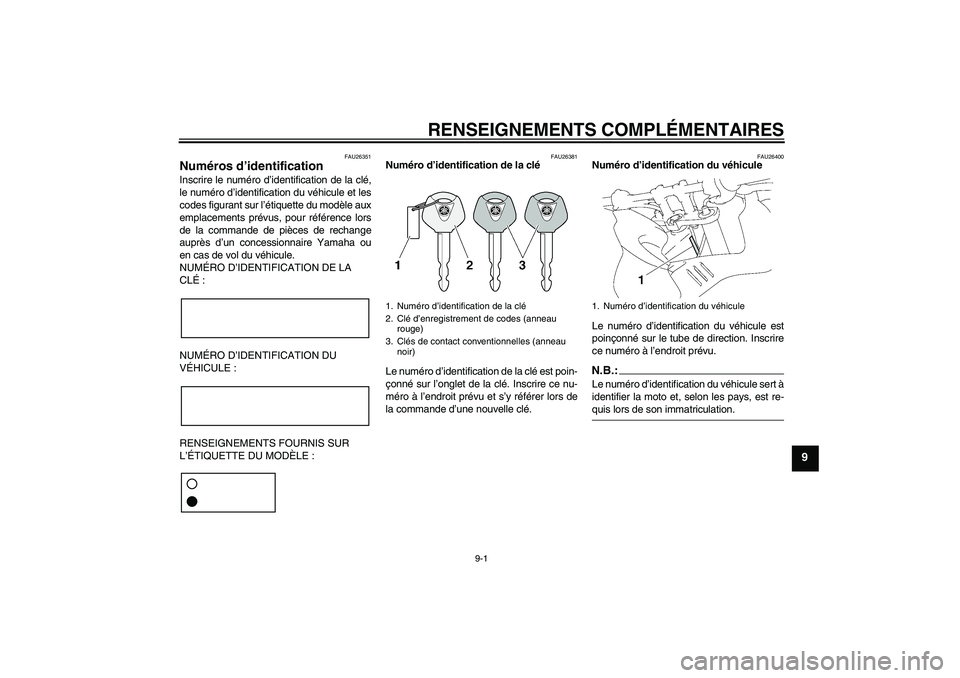 YAMAHA FZ1 S 2008 Notices Demploi (in French) RENSEIGNEMENTS COMPLÉMENTAIRES
9-1
9
FAU26351
Numéros d’identification Inscrire le numéro d’identification de la clé,
le numéro d’identification du véhicule et les
codes figurant sur l’ YAMAHA FZ1 S 2008 Notices Demploi (in French) RENSEIGNEMENTS COMPLÉMENTAIRES
9-1
9
FAU26351
Numéros d’identification Inscrire le numéro d’identification de la clé,
le numéro d’identification du véhicule et les
codes figurant sur l’