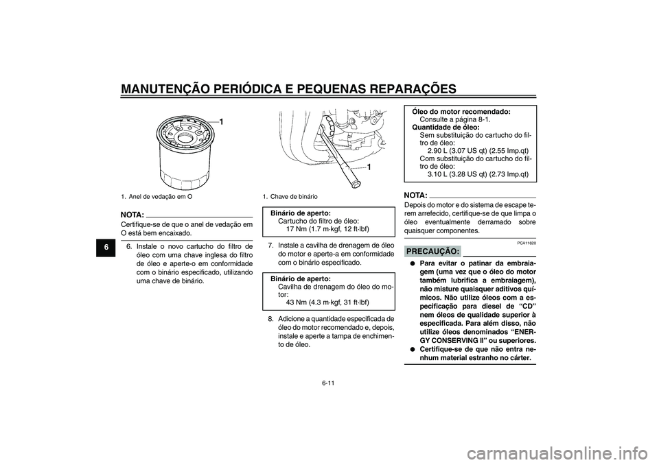 YAMAHA FZ1 S 2008 Manual de utilização (in Portuguese) MANUTENÇÃO PERIÓDICA E PEQUENAS REPARAÇÕES
6-11
6
NOTA :
Certifique-se de que o anel de vedação emO está bem encaixado.
6. Instale o novo cartucho do filtro de
óleo com uma chave inglesa do f YAMAHA FZ1 S 2008 Manual de utilização (in Portuguese) MANUTENÇÃO PERIÓDICA E PEQUENAS REPARAÇÕES
6-11
6
NOTA :
Certifique-se de que o anel de vedação emO está bem encaixado.
6. Instale o novo cartucho do filtro de
óleo com uma chave inglesa do f