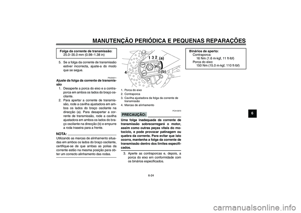 YAMAHA FZ1 S 2008 Manual de utilização (in Portuguese) MANUTENÇÃO PERIÓDICA E PEQUENAS REPARAÇÕES
6-24
6
5. Se a folga da corrente de transmissão
estiver incorrecta, ajuste-a do modo
que se segue.
PAU34311
Ajuste da folga da corrente de transmis-
s YAMAHA FZ1 S 2008 Manual de utilização (in Portuguese) MANUTENÇÃO PERIÓDICA E PEQUENAS REPARAÇÕES
6-24
6
5. Se a folga da corrente de transmissão
estiver incorrecta, ajuste-a do modo
que se segue.
PAU34311
Ajuste da folga da corrente de transmis-
s