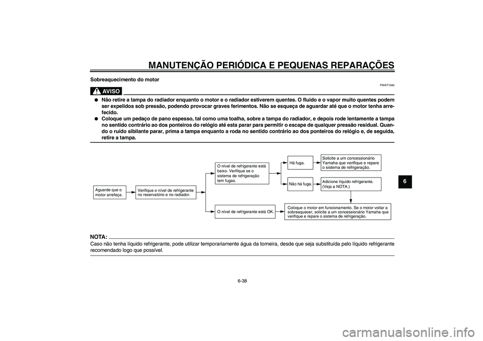 YAMAHA FZ1 S 2007 Manual de utilização (in Portuguese) MANUTENÇÃO PERIÓDICA E PEQUENAS REPARAÇÕES
6-38
6
Sobreaquecimento do motor
AV I S O
PWAT1040
Não retire a tampa do radiador enquanto o motor e o radiador estiverem quentes. O fluido e o vapor YAMAHA FZ1 S 2007 Manual de utilização (in Portuguese) MANUTENÇÃO PERIÓDICA E PEQUENAS REPARAÇÕES
6-38
6
Sobreaquecimento do motor
AV I S O
PWAT1040
Não retire a tampa do radiador enquanto o motor e o radiador estiverem quentes. O fluido e o vapor