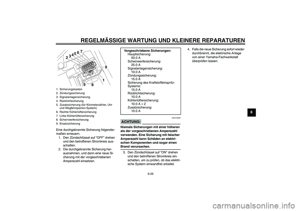 YAMAHA FZ1 S 2006 Betriebsanleitungen (in German) REGELMÄSSIGE WARTUNG UND KLEINERE REPARATUREN
6-29
6
Eine durchgebrannte Sicherung folgender-
maßen erneuern.
1. Den Zündschlüssel auf “OFF” drehen
und den betroffenen Stromkreis aus-
schalte YAMAHA FZ1 S 2006 Betriebsanleitungen (in German) REGELMÄSSIGE WARTUNG UND KLEINERE REPARATUREN
6-29
6
Eine durchgebrannte Sicherung folgender-
maßen erneuern.
1. Den Zündschlüssel auf “OFF” drehen
und den betroffenen Stromkreis aus-
schalte