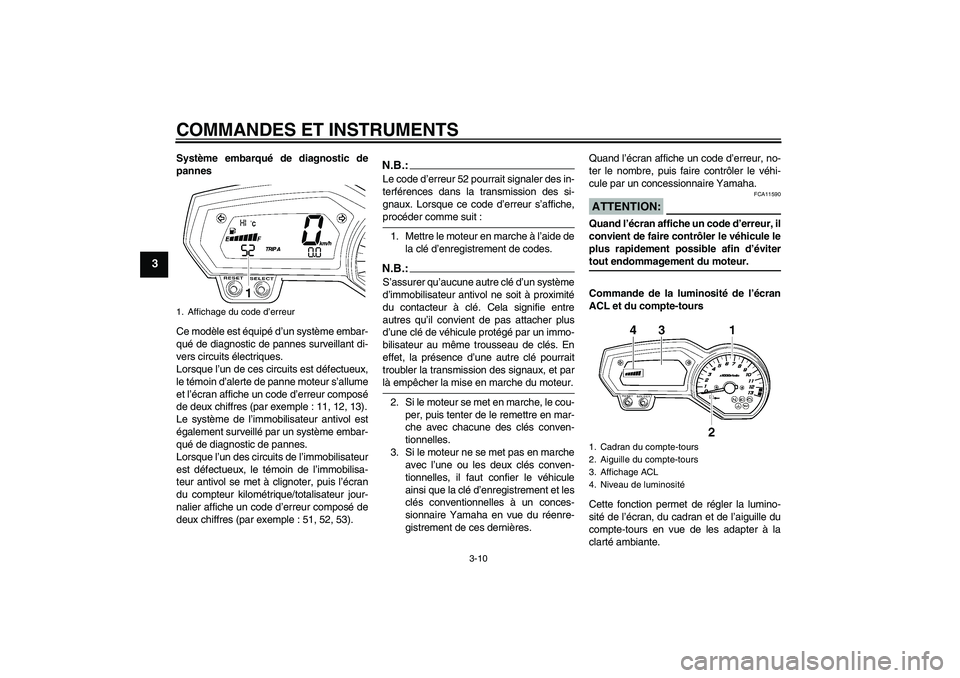 YAMAHA FZ1 S 2006 Notices Demploi (in French) COMMANDES ET INSTRUMENTS
3-10
3
Système embarqué de diagnostic de
pannes
Ce modèle est équipé d’un système embar-
qué de diagnostic de pannes surveillant di-
vers circuits électriques.
Lorsq YAMAHA FZ1 S 2006 Notices Demploi (in French) COMMANDES ET INSTRUMENTS
3-10
3
Système embarqué de diagnostic de
pannes
Ce modèle est équipé d’un système embar-
qué de diagnostic de pannes surveillant di-
vers circuits électriques.
Lorsq