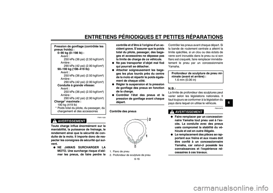 YAMAHA FZ1 S 2006 Notices Demploi (in French) ENTRETIENS PÉRIODIQUES ET PETITES RÉPARATIONS
6-16
6
AVERTISSEMENT
FWA11020
Toute charge influe énormément sur la
maniabilité, la puissance de freinage, le
rendement ainsi que la sécurité de co YAMAHA FZ1 S 2006 Notices Demploi (in French) ENTRETIENS PÉRIODIQUES ET PETITES RÉPARATIONS
6-16
6
AVERTISSEMENT
FWA11020
Toute charge influe énormément sur la
maniabilité, la puissance de freinage, le
rendement ainsi que la sécurité de co