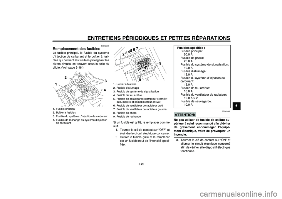 YAMAHA FZ1 S 2006 Notices Demploi (in French) ENTRETIENS PÉRIODIQUES ET PETITES RÉPARATIONS
6-28
6
FAU38371
Remplacement des fusibles Le fusible principal, le fusible du système
d’injection de carburant et le boîtier à fusi-
bles qui conti YAMAHA FZ1 S 2006 Notices Demploi (in French) ENTRETIENS PÉRIODIQUES ET PETITES RÉPARATIONS
6-28
6
FAU38371
Remplacement des fusibles Le fusible principal, le fusible du système
d’injection de carburant et le boîtier à fusi-
bles qui conti