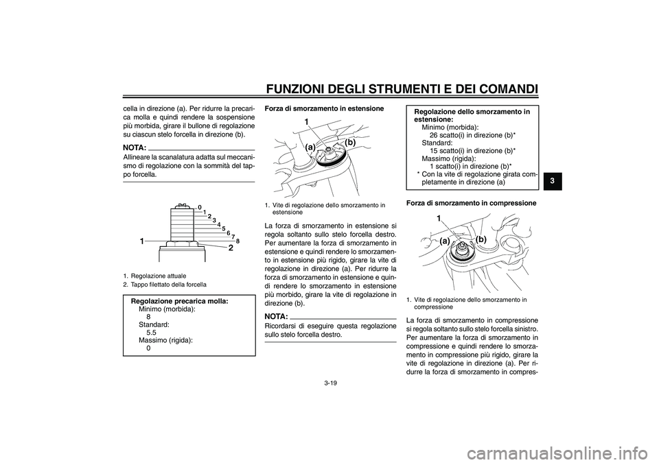 YAMAHA FZ1 S 2006 Manuale duso (in Italian) FUNZIONI DEGLI STRUMENTI E DEI COMANDI
3-19
3
cella in direzione (a). Per ridurre la precari-
ca molla e quindi rendere la sospensione
più morbida, girare il bullone di regolazione
su ciascun stelo f YAMAHA FZ1 S 2006 Manuale duso (in Italian) FUNZIONI DEGLI STRUMENTI E DEI COMANDI
3-19
3
cella in direzione (a). Per ridurre la precari-
ca molla e quindi rendere la sospensione
più morbida, girare il bullone di regolazione
su ciascun stelo f
