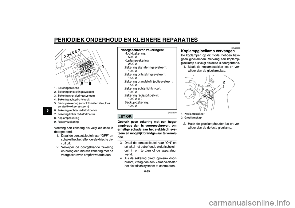 YAMAHA FZ1 S 2006 Instructieboekje (in Dutch) PERIODIEK ONDERHOUD EN KLEINERE REPARATIES
6-29
6
Vervang een zekering als volgt als deze is
doorgebrand.
1. Draai de contactsleutel naar “OFF” en
schakel het betreffende elektrische cir-
cuit uit YAMAHA FZ1 S 2006 Instructieboekje (in Dutch) PERIODIEK ONDERHOUD EN KLEINERE REPARATIES
6-29
6
Vervang een zekering als volgt als deze is
doorgebrand.
1. Draai de contactsleutel naar “OFF” en
schakel het betreffende elektrische cir-
cuit uit