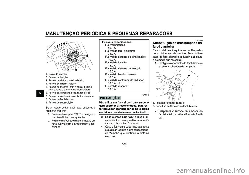 YAMAHA FZ1 S 2006  Manual de utilização (in Portuguese) MANUTENÇÃO PERIÓDICA E PEQUENAS REPARAÇÕES
6-29
6
Se um fusível estiver queimado, substitua-o
do modo seguinte:
1. Rode a chave para “OFF” e desligue o
circuito eléctrico em questão.
2. Re