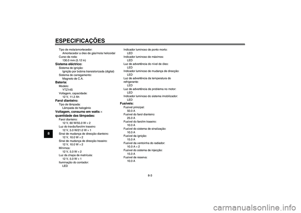 YAMAHA FZ1 S 2006  Manual de utilização (in Portuguese) ESPECIFICAÇÕES
8-3
8
Tipo de mola/amortecedor:
Amortecedor a óleo de gás/mola helicoidal
Curso da roda:
130.0 mm (5.12 in)Sistema eléctrico:Sistema de ignição:
Ignição por bobina transistoriz