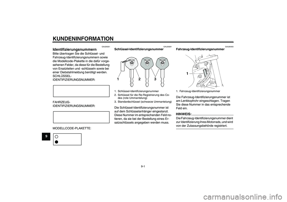 YAMAHA FZ6 N 2007 Betriebsanleitungen (in German) KUNDENINFORMATION
9-1
9
GAU26351
Identifizierungsnummern Bitte übertragen Sie die Schlüssel- und
Fahrzeug-Identifizierungsnummern sowie
die Modellcode-Plakette in die dafür vorge-
sehenen Felder, YAMAHA FZ6 N 2007 Betriebsanleitungen (in German) KUNDENINFORMATION
9-1
9
GAU26351
Identifizierungsnummern Bitte übertragen Sie die Schlüssel- und
Fahrzeug-Identifizierungsnummern sowie
die Modellcode-Plakette in die dafür vorge-
sehenen Felder,