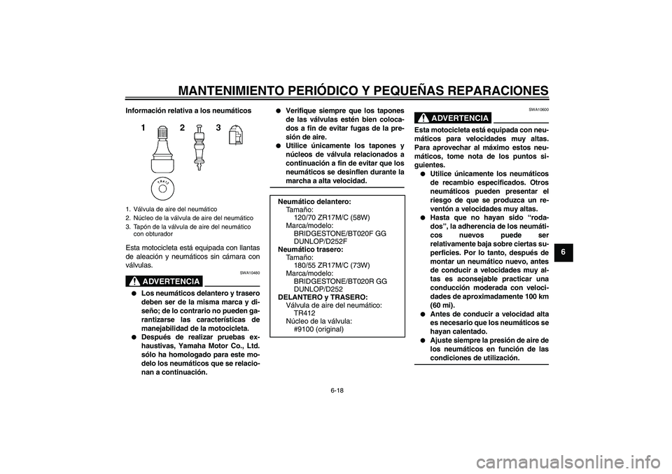 YAMAHA FZ6 N 2007 Manuale de Empleo (in Spanish) MANTENIMIENTO PERIÓDICO Y PEQUEÑAS REPARACIONES
6-18
6
Información relativa a los neumáticos
Esta motocicleta está equipada con llantas
de aleación y neumáticos sin cámara con
válvulas.
ADVER YAMAHA FZ6 N 2007 Manuale de Empleo (in Spanish) MANTENIMIENTO PERIÓDICO Y PEQUEÑAS REPARACIONES
6-18
6
Información relativa a los neumáticos
Esta motocicleta está equipada con llantas
de aleación y neumáticos sin cámara con
válvulas.
ADVER