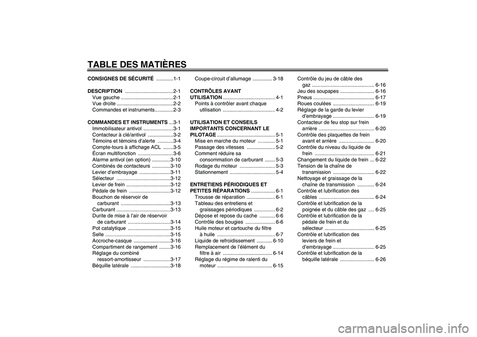 YAMAHA FZ6 N 2007 Notices Demploi (in French) TABLE DES MATIÈRESCONSIGNES DE SÉCURITÉ ............1-1
DESCRIPTION ..................................2-1
Vue gauche .....................................2-1
Vue droite ............................ YAMAHA FZ6 N 2007 Notices Demploi (in French) TABLE DES MATIÈRESCONSIGNES DE SÉCURITÉ ............1-1
DESCRIPTION ..................................2-1
Vue gauche .....................................2-1
Vue droite ............................