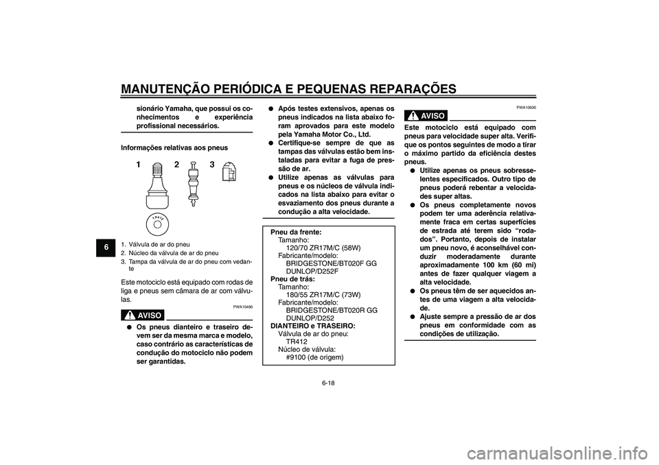 YAMAHA FZ6 N 2007 Manual de utilização (in Portuguese) MANUTENÇÃO PERIÓDICA E PEQUENAS REPARAÇÕES
6-18
6
sionário Yamaha, que possui os co-
nhecimentos e experiênciaprofissional necessários.
Informações relativas aos pneus
Este motociclo está e YAMAHA FZ6 N 2007 Manual de utilização (in Portuguese) MANUTENÇÃO PERIÓDICA E PEQUENAS REPARAÇÕES
6-18
6
sionário Yamaha, que possui os co-
nhecimentos e experiênciaprofissional necessários.
Informações relativas aos pneus
Este motociclo está e