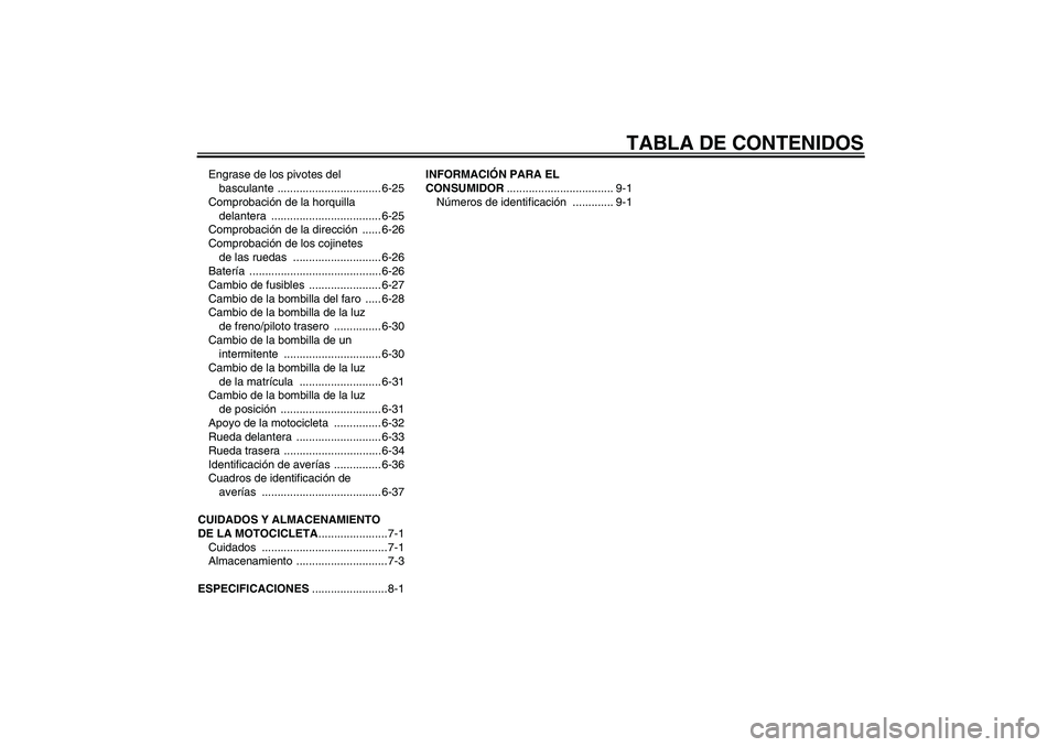 YAMAHA FZ6 N 2006 Manuale de Empleo (in Spanish) TABLA DE CONTENIDOS
Engrase de los pivotes del
basculante ................................. 6-25
Comprobación de la horquilla
delantera ................................... 6-25
Comprobación de la YAMAHA FZ6 N 2006 Manuale de Empleo (in Spanish) TABLA DE CONTENIDOS
Engrase de los pivotes del
basculante ................................. 6-25
Comprobación de la horquilla
delantera ................................... 6-25
Comprobación de la