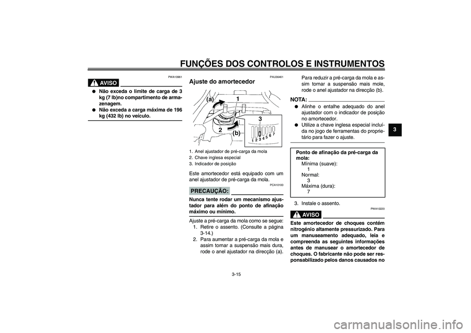 YAMAHA FZ6 N 2006 Manual de utilização (in Portuguese) FUNÇÕES DOS CONTROLOS E INSTRUMENTOS
3-15
3
AV I S O
PWA10961
Não exceda o limite de carga de 3
kg (7 lb)no compartimento de arma-
zenagem.
Não exceda a carga máxima de 196kg (432 lb) no veí YAMAHA FZ6 N 2006 Manual de utilização (in Portuguese) FUNÇÕES DOS CONTROLOS E INSTRUMENTOS
3-15
3
AV I S O
PWA10961
Não exceda o limite de carga de 3
kg (7 lb)no compartimento de arma-
zenagem.
Não exceda a carga máxima de 196kg (432 lb) no veí